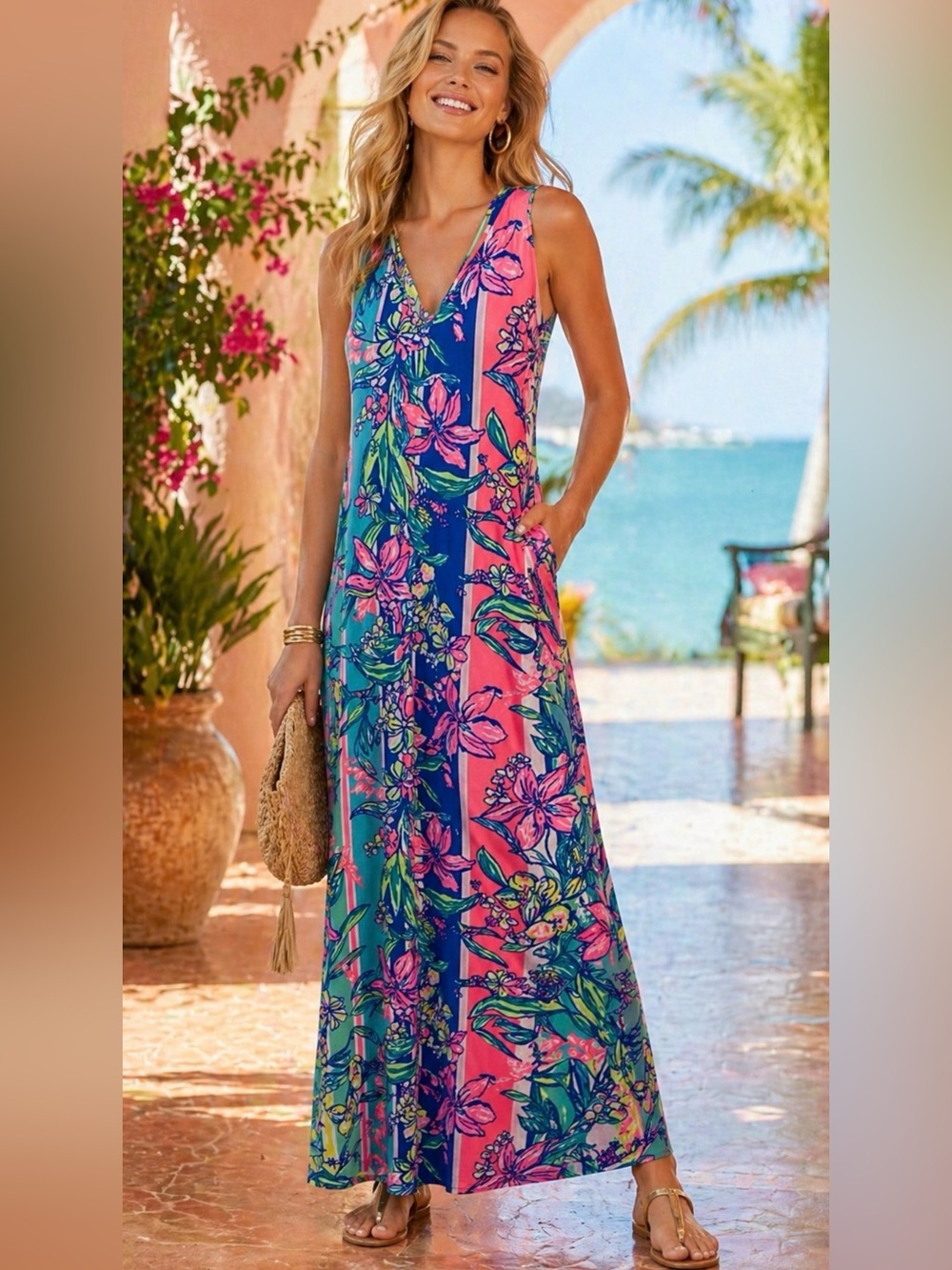 Lilly Pulitzer Maxi V-Neck Dress with Side Slits Tropical Print Vacation Resort
